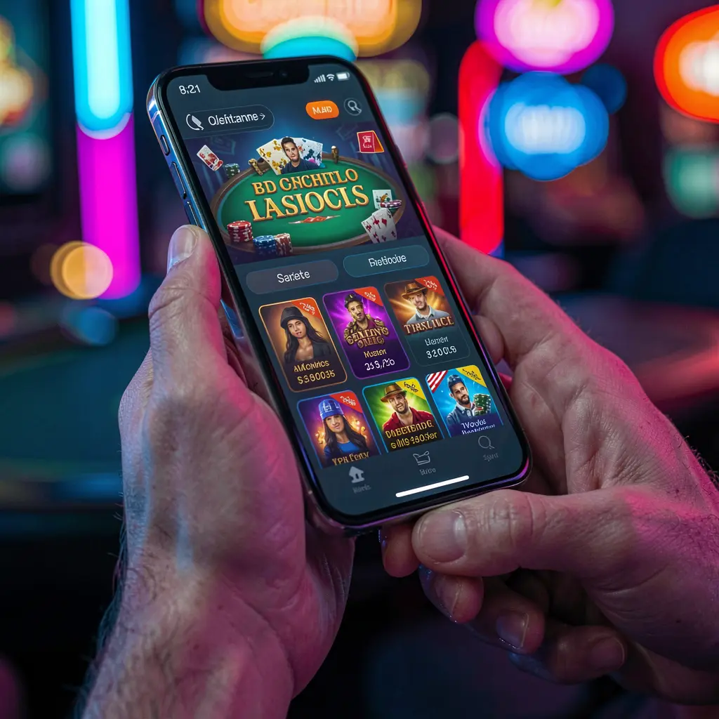 Close up view of a player interacting with colorful slot games inside the D9D9D mobile casino app on a modern smartphone