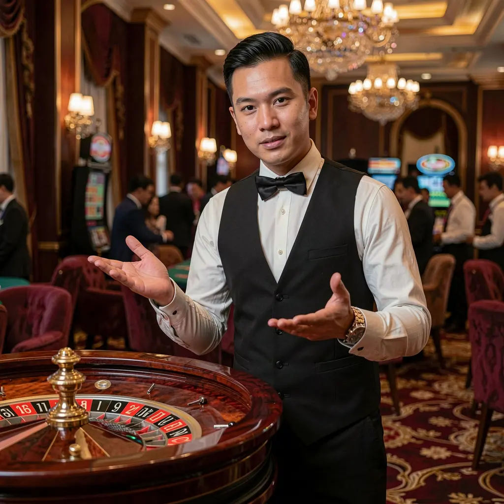 D9D9D – Experience authentic live casino games made for players in the Philippines Professional live casino dealer standing by a roulette table in a luxury studio on D9D9D, offering an authentic online casino experience for players in the Philippines