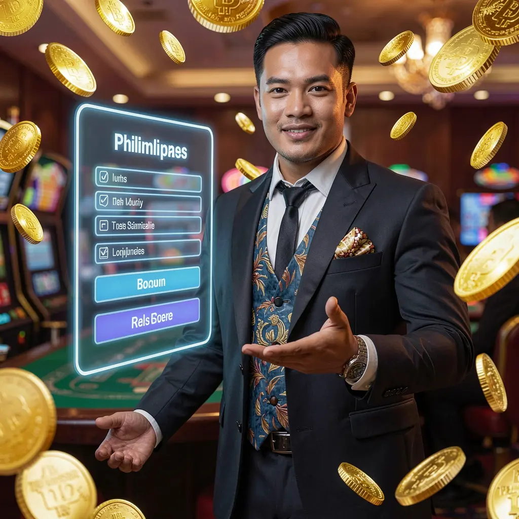 Confident casino representative surrounded by floating gold coins in a futuristic login environment highlighting premium access at D9D9D for players in the Philippines
